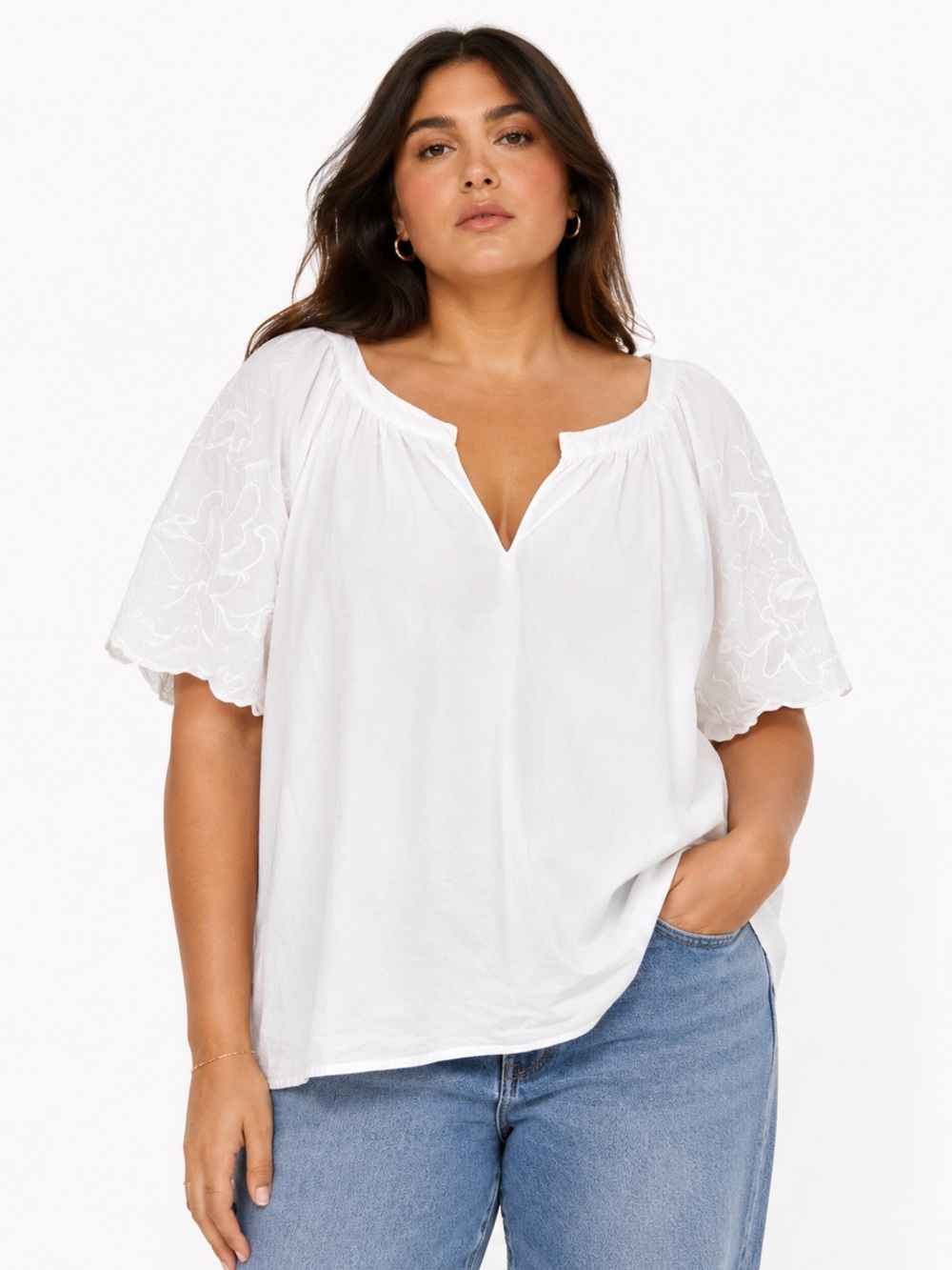 ON 34th White Embroidered Peasant Blouse XL 100% Cotton